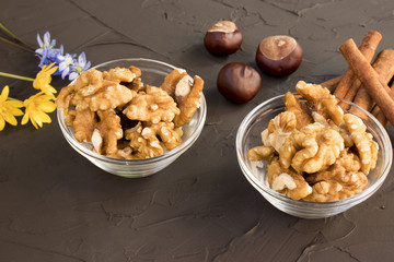 walnut, cinnamon, chestnut on dark background