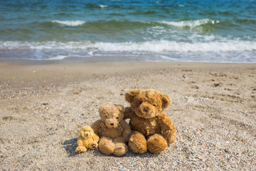 Happy family on vacation concept. Three brown teddy bears sitting like real family outside on sunny sandy beach near sea water. Horizontal color photography.