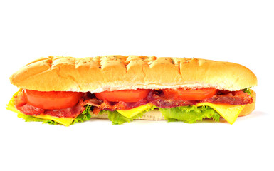 Sandwich with bacon, tomato, cheese and lettuce, on white background