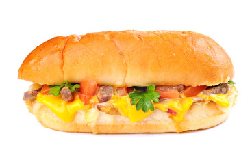Sandwich with beef meat, cheese, tomato, pepper, parsley, on white background