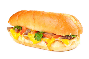 Sandwich with beef meat, cheese, tomato, pepper, parsley, on white background