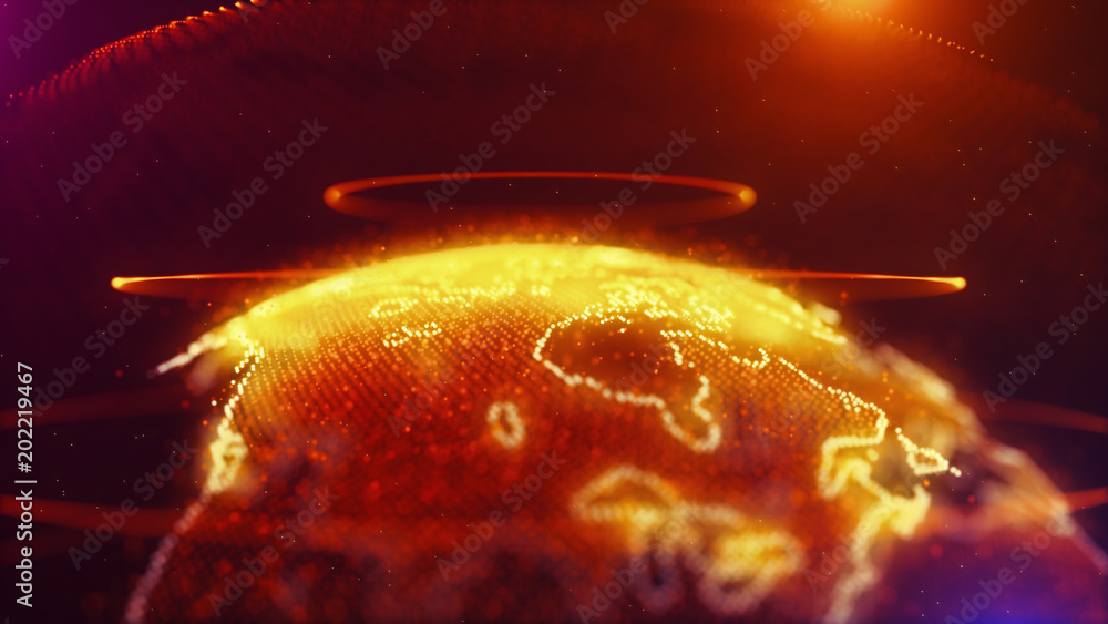 Poster a top view of burning globe surrounded with rings abstract background