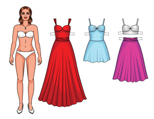 Vector set of beautiful European women with summer party clothes. Paper doll girl with dresses and skirt isolated from white background