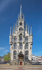 Town Hall at the Markt square of Gouda, Netherlands. The Town Hall was built in 1448-1459. This is the one of the oldest gothic town halls in the country.