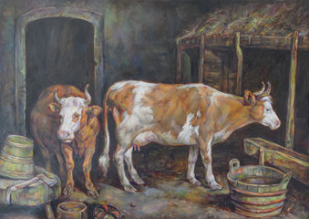 oil painting on canvas of a stable and its cows. - 202222045