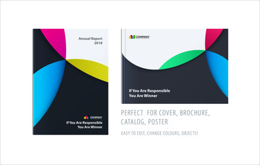 Material design template with colourful circles intersections. Creative abstract brochure set, annual report, horizontal cover, flyer