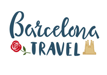 Barselona travel lettering with Cathedral and rose template, banner, sticker on isolated background. Vector illustration © AmadeaN
