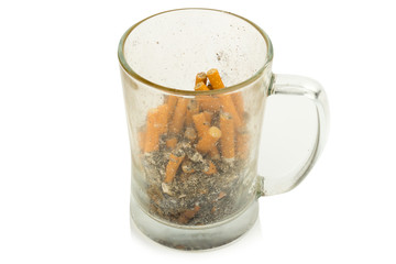 water glass ashtray cigarette isolated on white background