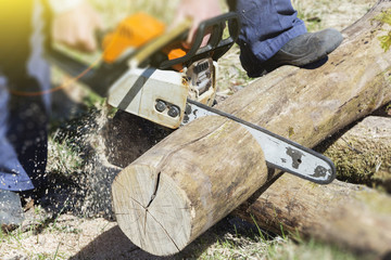 A man with a chainsaw cutting wood.