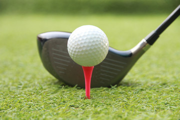 Golf club and golf ball in tee in summer 