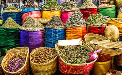 Herbs and Spices Kept in bags market -Marrakech, Morocco.