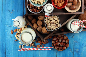 Alternative types of milks. Vegan substitute dairy milk with nuts