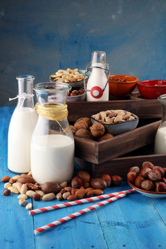 Alternative types of milks. Vegan substitute dairy milk with nuts