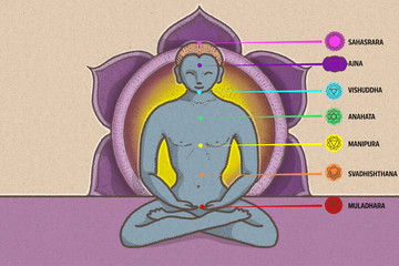 Illustrazione di posizione tantrica con simboli dei chakra e fiore di loto