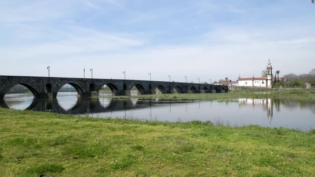 Roman bridge crossing the Rio Lima in Ponte de Lima. Camino de Santiago - Portugal.