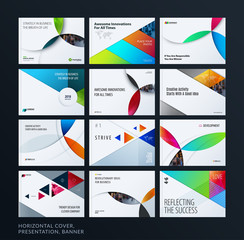 Material design presentation template with colourful circles intersections. Abstract vector set of modern horizontal banners