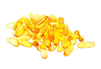 Cod liver oil omega 3 gel capsules isolated on white background