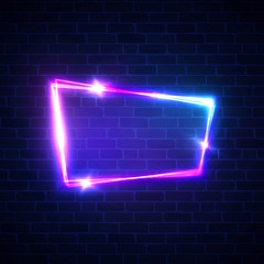 Night club neon sign on brick wall background. Blank 3d retro frame with shining neon lights. Disco show advertising street banner with glowing on brick texture. Color vector illustration in 80s style