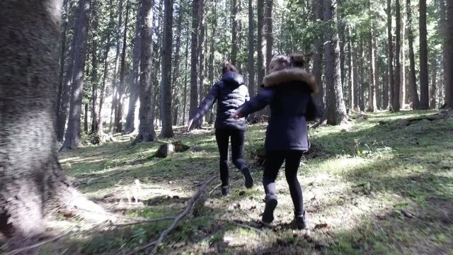 Chasing two girls in the dense pine tree forest