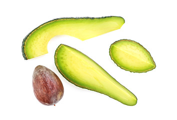 Avocado pieces set isolated on white background, top view. Food concept.