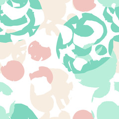 Mint grunge geometric seamless pattern with hand drawn brush strokes, circles, rings and paint splashes, lines, geometrical shapes. Messy texture, grungy background. Vector.