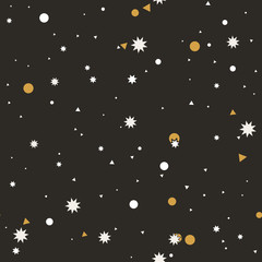 Abstract seamless pattern with white, gold, chaotic small stars, circles and triangles on beige. Infinity geometric pattern. Vector illustration.  