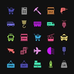 Modern Simple Colorful Set of transports, industry, shopping Vector fill Icons. Contains such Icons as  technology,  sale,  store,  counter and more on dark background. Fully Editable. Pixel Perfect
