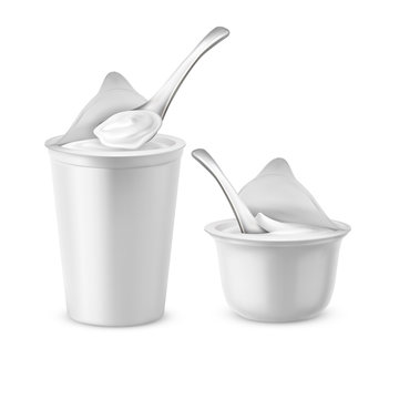 Vector realistic set of two blank pots with open foil lids, plastic containers or jars with spoons, filled with yogurt, milk dessert or sour cream. Mockup with white cups for dairy products