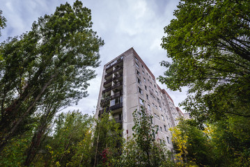 Apartment block in abandoned Pripyat city in Chernobyl Exclusion Zone, Ukraine