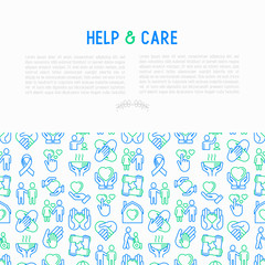 Fototapeta na wymiar Help and care concept with thin line icons: symbols of support, help for children and disabled, togetherness, philanthropy and donation. Modern vector illustration, template for print media.