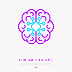 Artificial intelligence or machine learning thin line icon. Modern vector illustration.