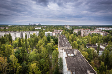 Obraz na płótnie Canvas Residential buildings in abandoned Pripyat city in Chernobyl Exclusion Zone, Ukraine