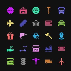 Modern Simple Colorful Set of transports, industry, shopping Vector fill Icons. Contains such Icons as  construction,  work,  message,  label and more on dark background. Fully Editable. Pixel Perfect
