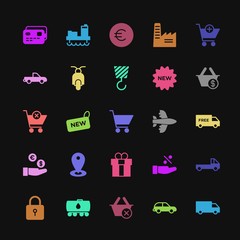 Modern Simple Colorful Set of transports, industry, shopping Vector fill Icons. Contains such Icons as  view,  basket, close,  edit,  gas and more on dark background. Fully Editable. Pixel Perfect