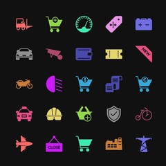 Modern Simple Colorful Set of transports, industry, shopping Vector fill Icons. Contains such Icons as  building, buy,  buy,  cart,  cable and more on dark background. Fully Editable. Pixel Perfect