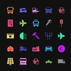 Modern Simple Colorful Set of transports, industry, shopping Vector fill Icons. Contains such Icons as  vehicle, shipping,  travel,  air, car and more on dark background. Fully Editable. Pixel Perfect