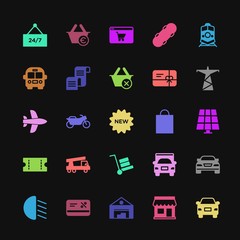Modern Simple Colorful Set of transports, industry, shopping Vector fill Icons. Contains such Icons as  distribution,  sale,  shine, car,  24 and more on dark background. Fully Editable. Pixel Perfect