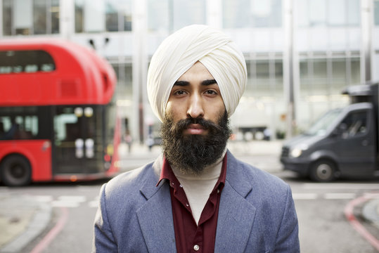 Street portrait of a Sikh businessman in London