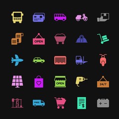 Modern Simple Colorful Set of transports, industry, shopping Vector fill Icons. Contains such Icons as service,  delivery,  vehicle,  payment and more on dark background. Fully Editable. Pixel Perfect