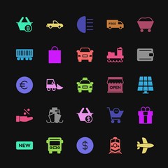 Modern Simple Colorful Set of transports, industry, shopping Vector fill Icons. Contains such Icons as bitcoin, usd, service,  car, birthday and more on dark background. Fully Editable. Pixel Perfect