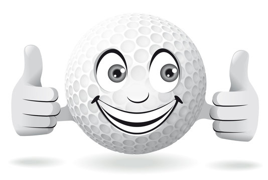 Golfball mit lächelndem Gesicht zeigt Hände mit Daumen hoch