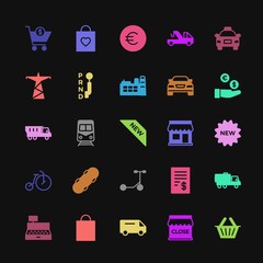 Modern Simple Colorful Set of transports, industry, shopping Vector fill Icons. Contains such Icons as  cargo,  transportation,  basket, buy and more on dark background. Fully Editable. Pixel Perfect