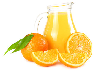 orange juice with orange and green leaf isolated on white background. juice in jug