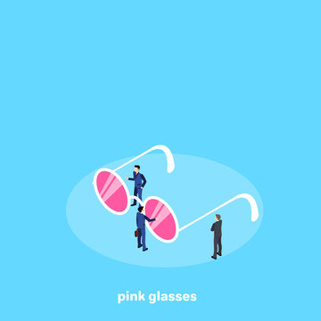 men in business suits and glasses with pink glasses on a blue background, isometric image