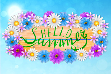 floral background with inscription hello summer. 