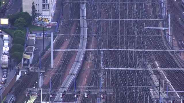 View of train tracks and platforms from the Montpernasse building, Train Station, Gare Vaugirard, Paris, France