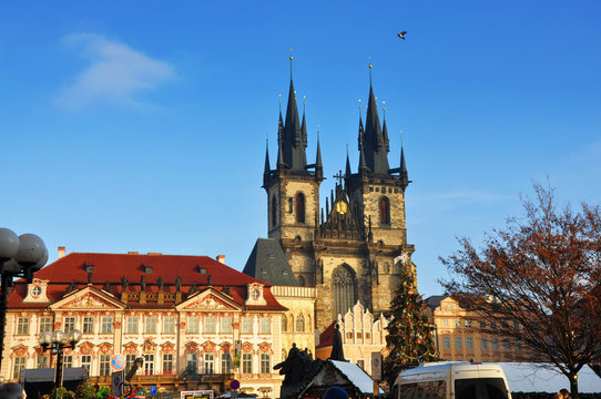 Tynsky chram cathedral in Prague in sunny day in winter