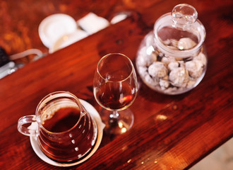 glassware for brewing and making coffee close-up against the background of a coffee house