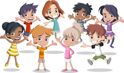 Group of happy cartoon kids jumping.
