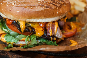Hamburger close-up. Fresh and delicious.